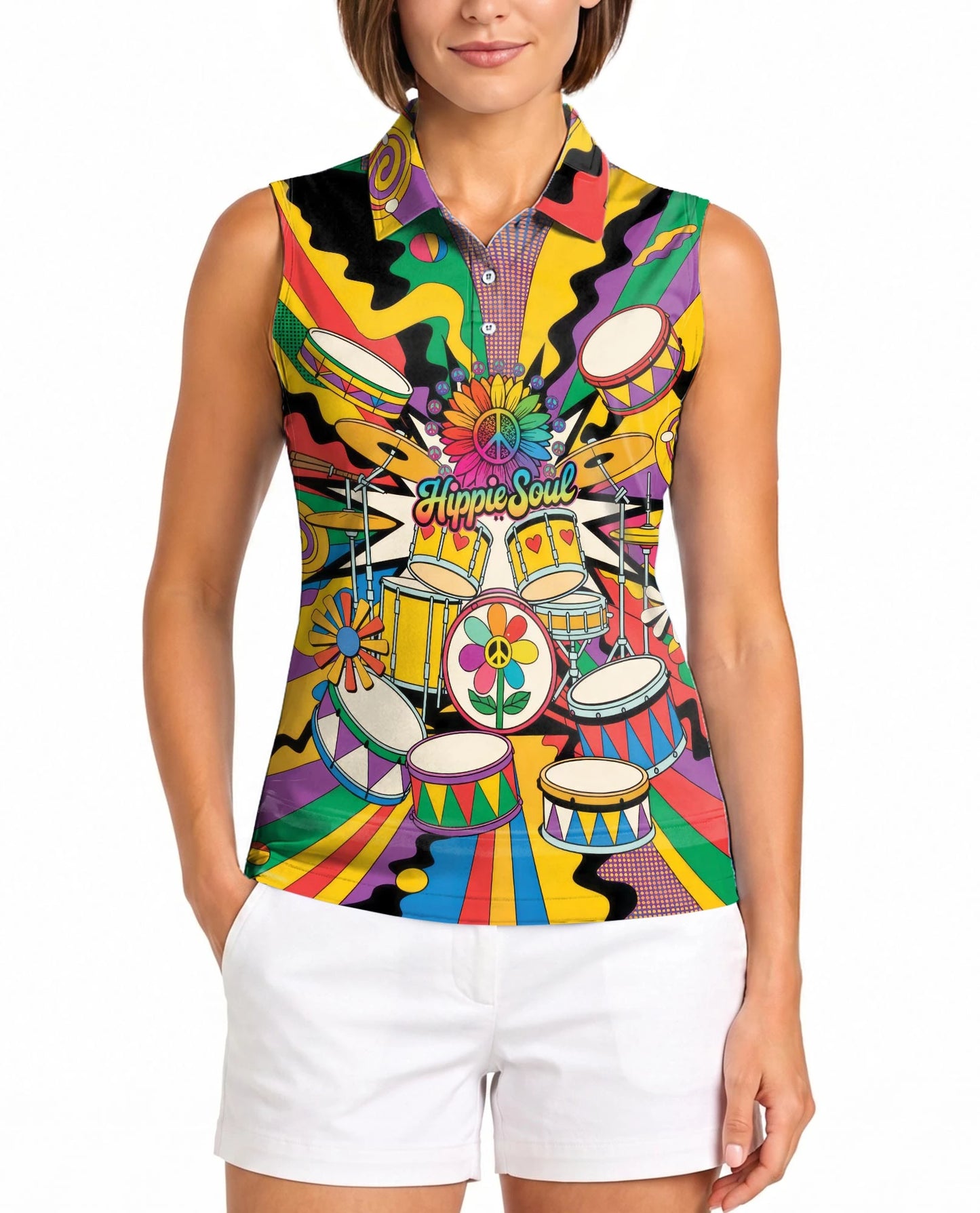 Peace Love Drums Sleeveless Polo Shirt for Women | Netecom