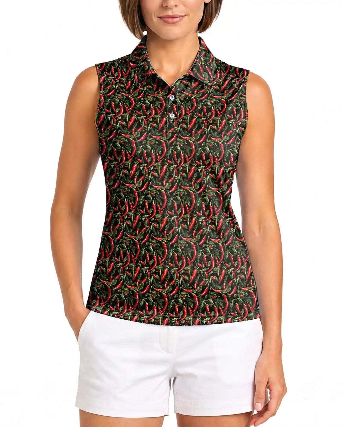Chilli Pepper Pattern Sleeveless Polo Shirt for Women – Spicy Food Lover Style | Netecom