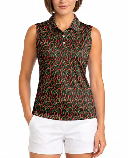 Chilli Pepper Pattern Sleeveless Polo Shirt for Women – Spicy Food Lover Style | Netecom