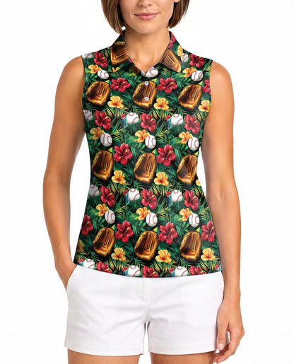 Baseball Glove And Hibiscus Sleeveless Polo Shirt for Women | Netecom