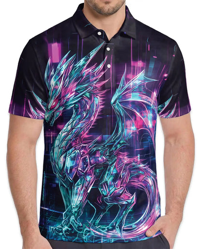 Cyber Dragon Polo Shirt for Men - Neon Fantasy Art | Netecom