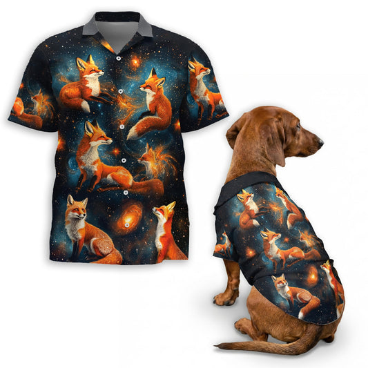 Netecom Matching Fox Starlight Hawaiian Shirt for Dog and Owner, Aloha Summer Shirt, Fox Night Sky Print Button Down Outfit for Pet and Human, Beach Vacation Casual Wear
