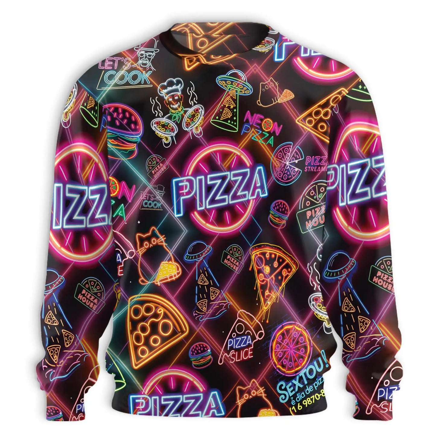 Vibrant Neon Pizza Pattern Sweatshirt, 3D All Over Print Colorful Food Crewneck Pullover for Men Women, Pizza Lover Gift - Netecom