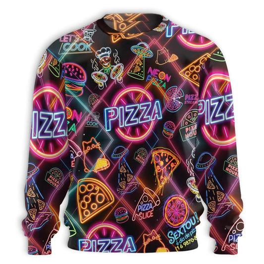 Vibrant Neon Pizza Pattern Sweatshirt, 3D All Over Print Colorful Food Crewneck Pullover for Men Women, Pizza Lover Gift - Netecom
