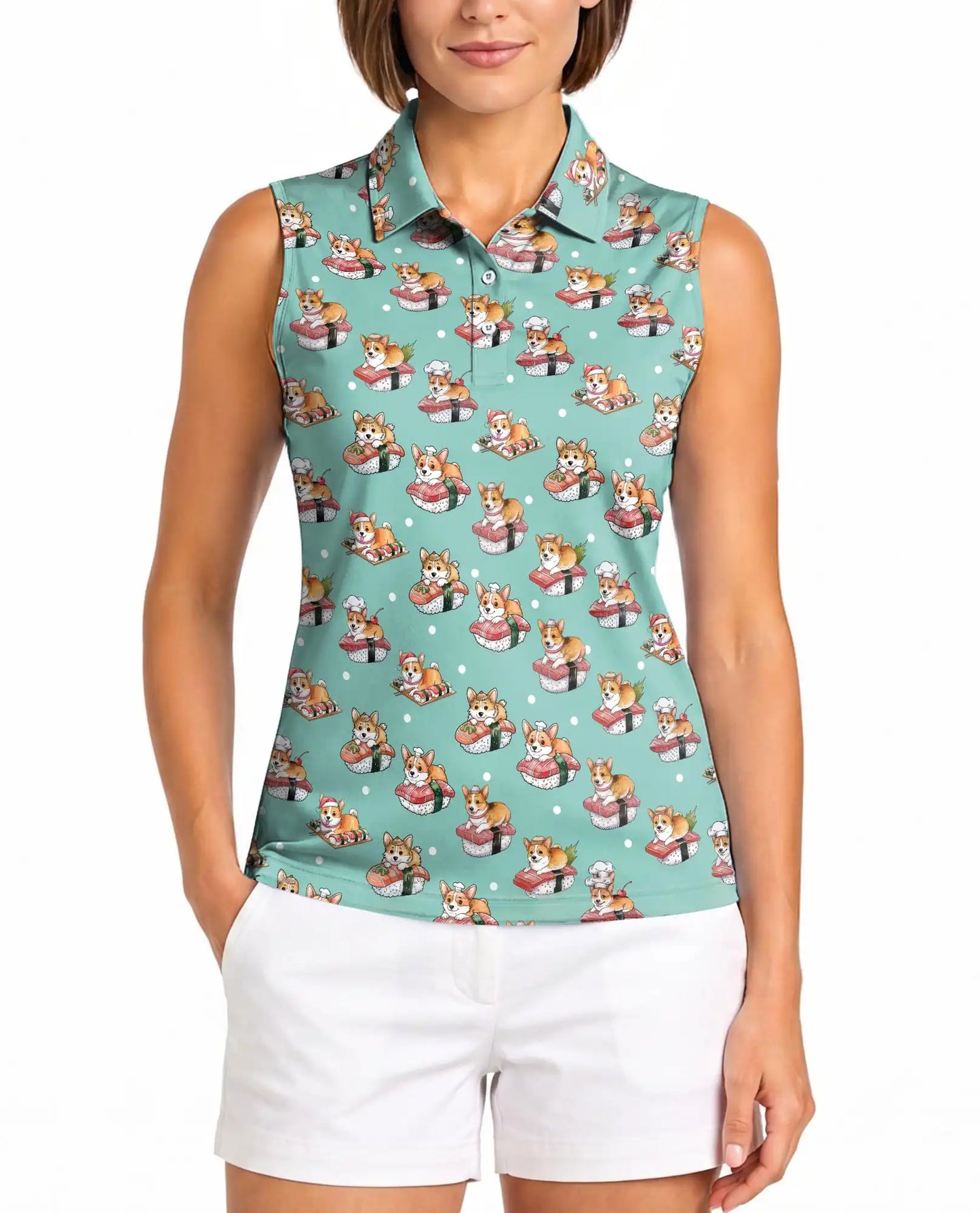 Corgi Sushi Print Sleeveless Polo Shirt for Women – Cute Dog Food Lover Style | Netecom