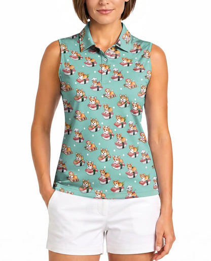 Corgi Sushi Print Sleeveless Polo Shirt for Women – Cute Dog Food Lover Style | Netecom