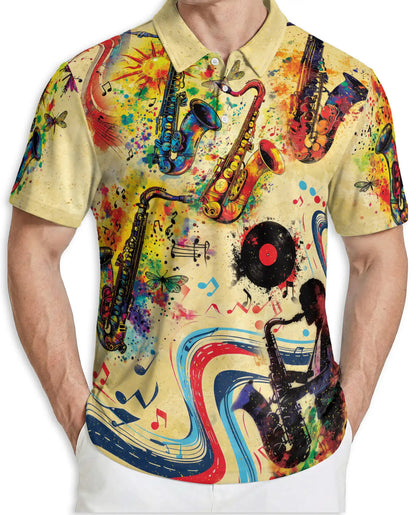 Saxophone Music 3D Polo Shirt for Men – Jazz Retro Art Style | Netecom