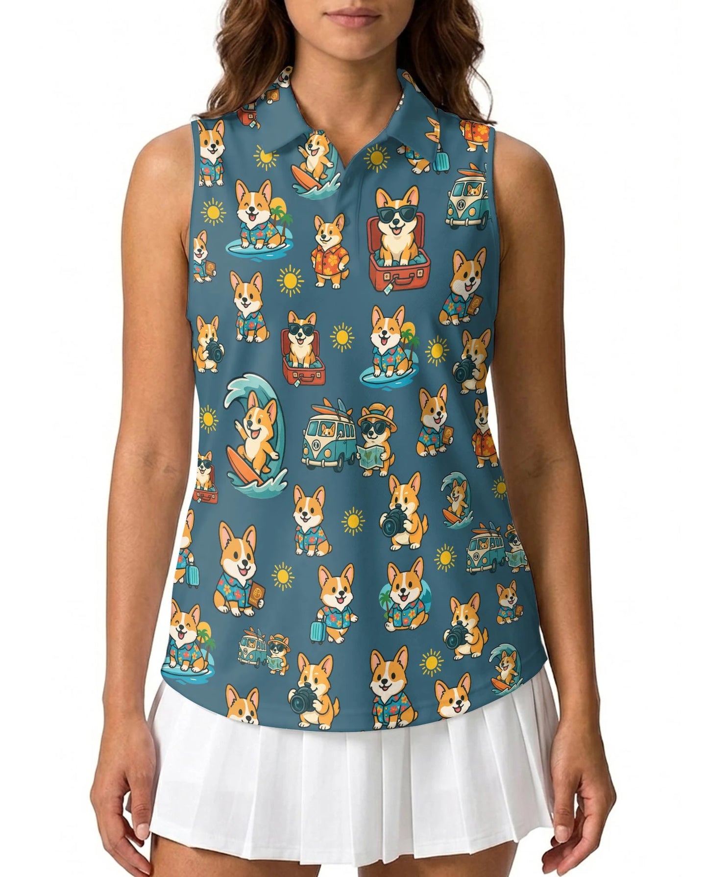 Cute Corgi Summer Beach Sleeveless Polo Shirt for Women – Dog Lover Style | Netecom