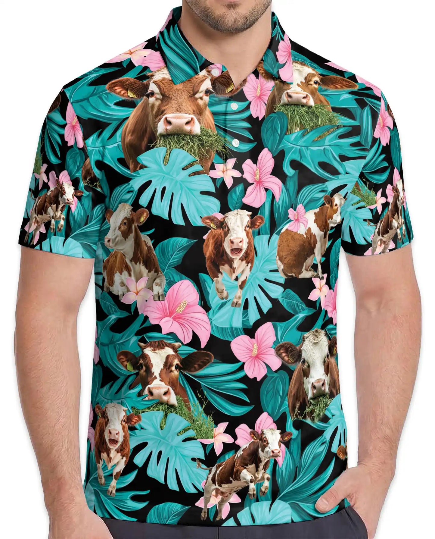 Cow Tropical Polo Shirt - Hawaiian Farm Animal Floral Design | Netecom
