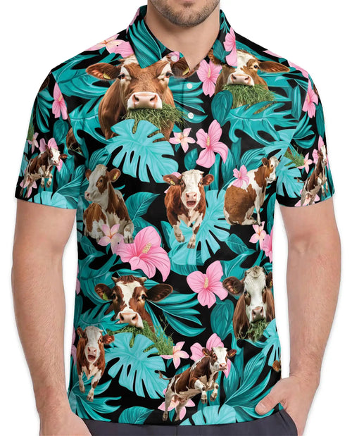 Cow Tropical Polo Shirt - Hawaiian Farm Animal Floral Design | Netecom