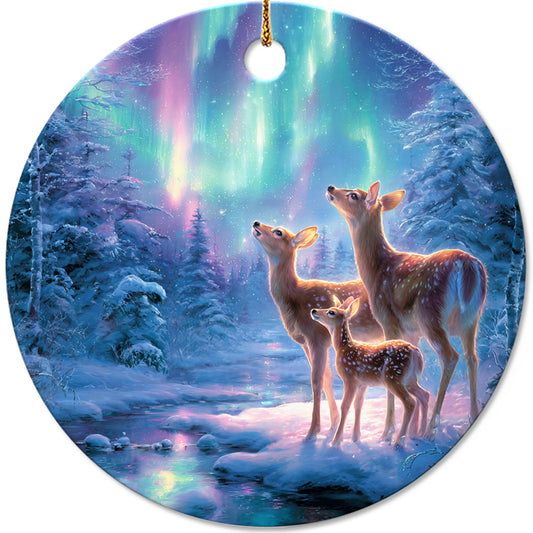 Netecom Adorable Christmas Reindeer Family Ornament, Under Northern Lights Ceramic Ornament for Xmas Tree Hanging Decorations Gift, Reindeer Lover Gifts, Holiday Party Present