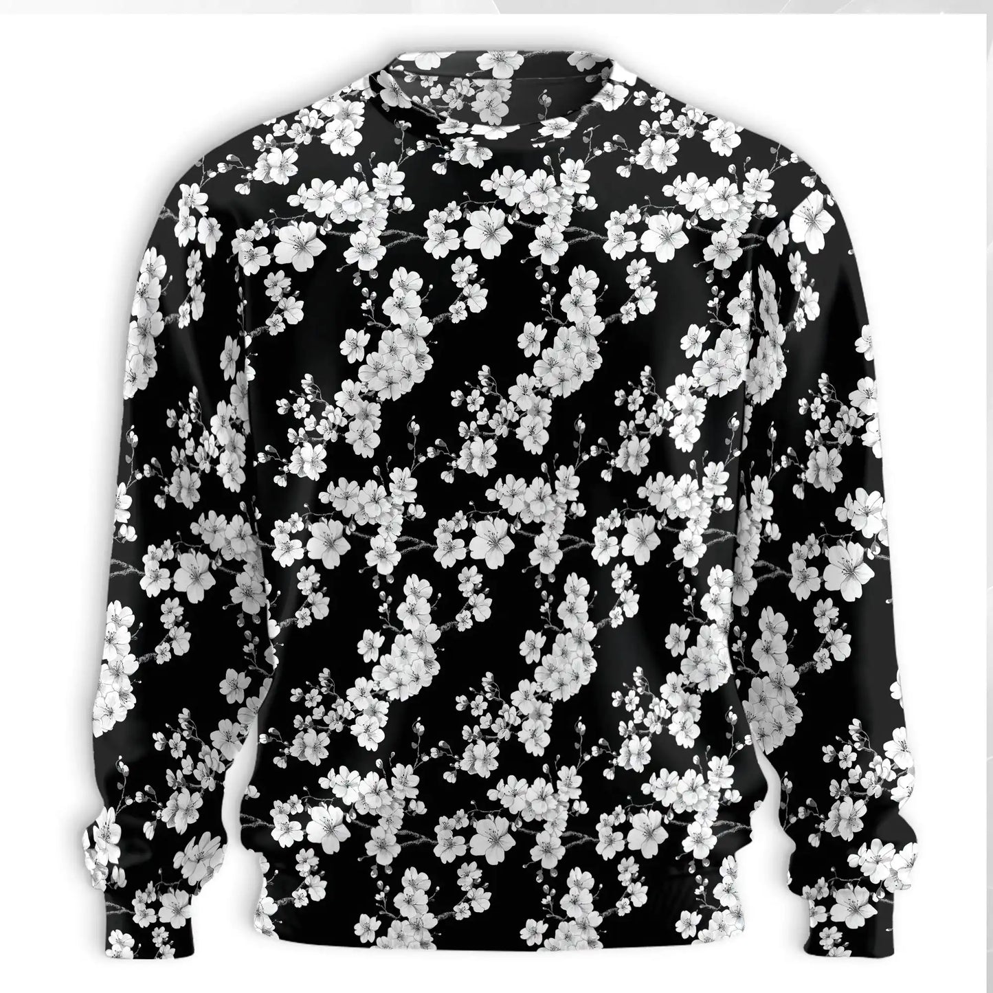 Japanese Floral Sweatshirt, 3D All Over Print Monochrome Flower Crewneck Pullover for Men Women, Japanese Art Lover Gift - Netecom