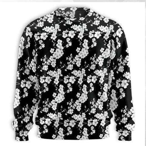 Japanese Floral Sweatshirt, 3D All Over Print Monochrome Flower Crewneck Pullover for Men Women, Japanese Art Lover Gift - Netecom
