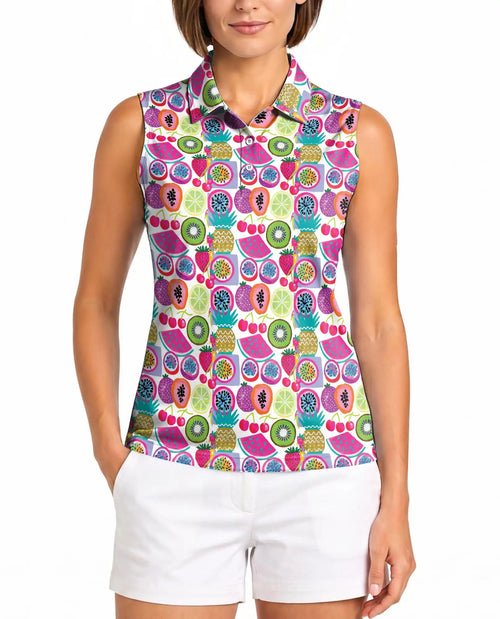 Mixed Fruit Print Sleeveless Polo Shirt for Women | Netecom