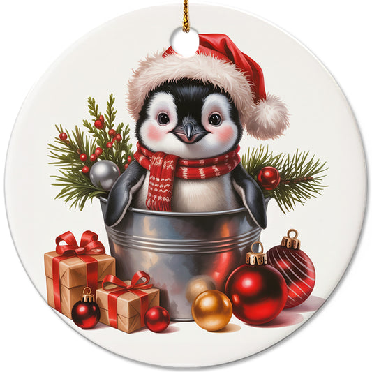 Netecom Cute Baby Penguin in Bucket Ornament, Bird with Santa Hat Ceramic Ornament for Christmas Tree Hanging Decorations Gift, Penguin Lover Gifts, Holiday Party Present