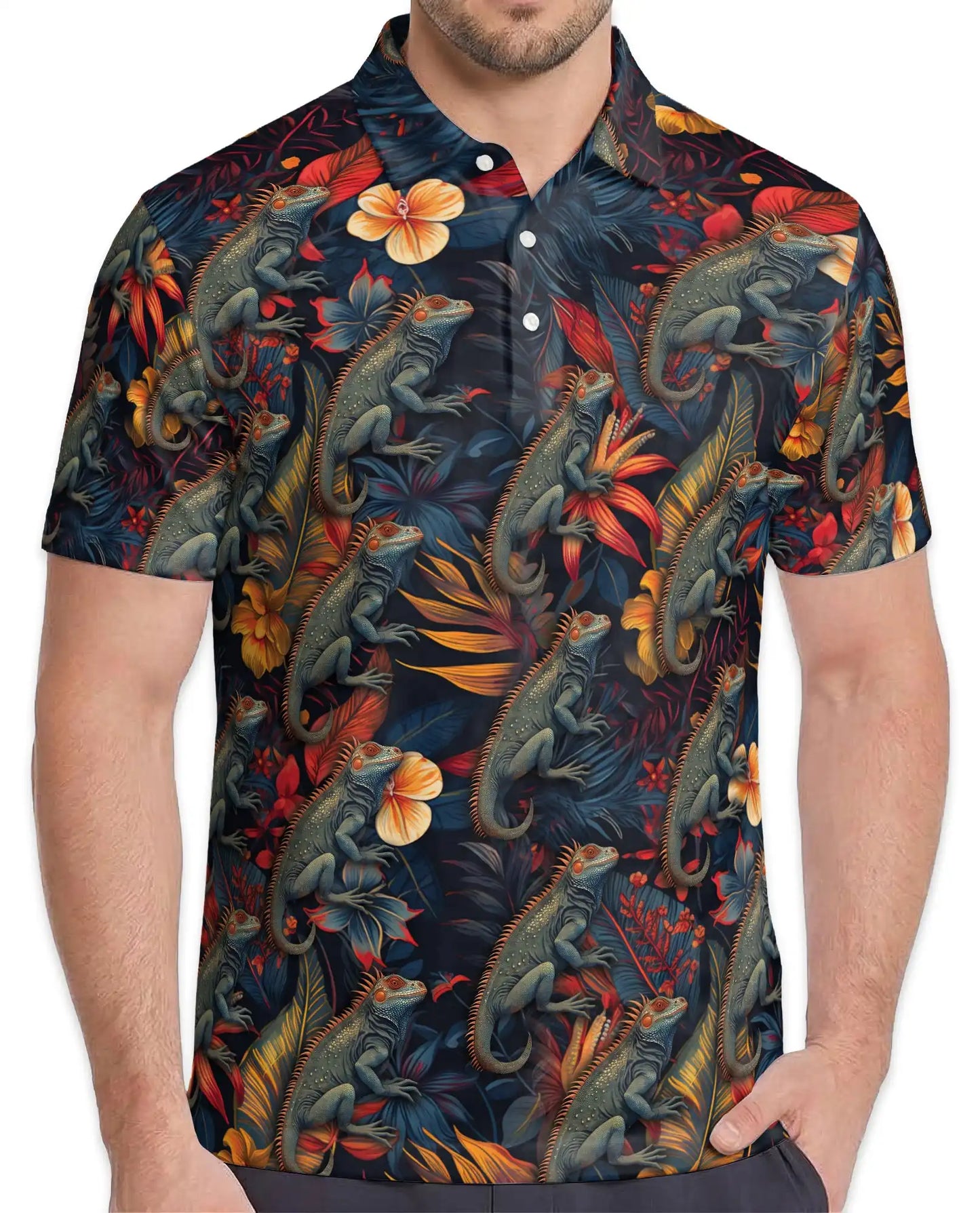 Iguana Tropical Polo Shirt - Hawaiian Reptile Floral Wildlife Design | Netecom