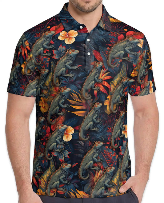 Iguana Tropical Polo Shirt - Hawaiian Reptile Floral Wildlife Design | Netecom