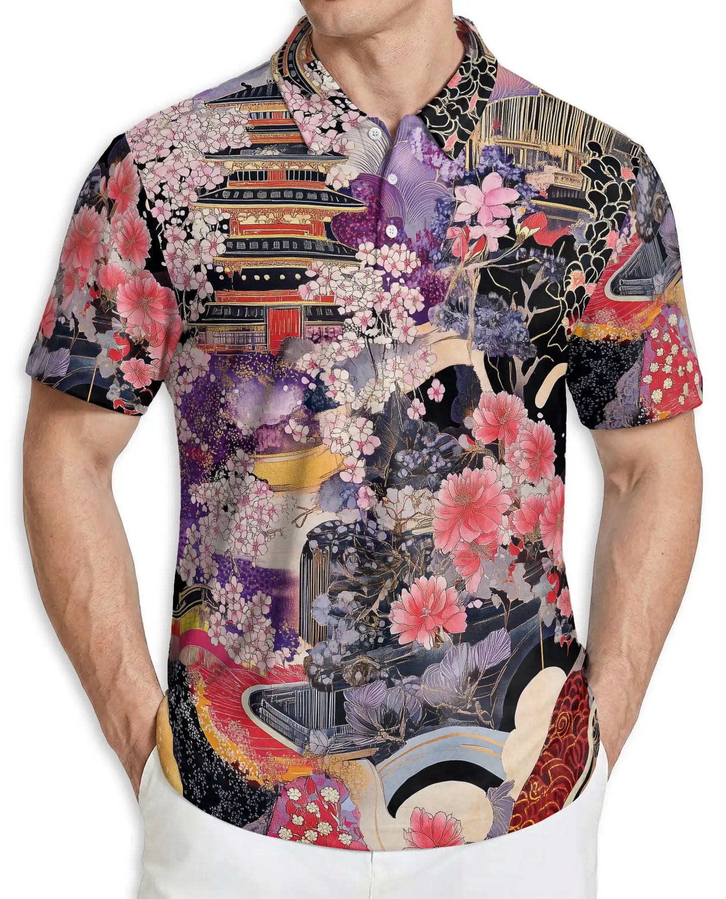 Japanese Sakura Pagoda 3D Polo Shirt for Men | Netecom