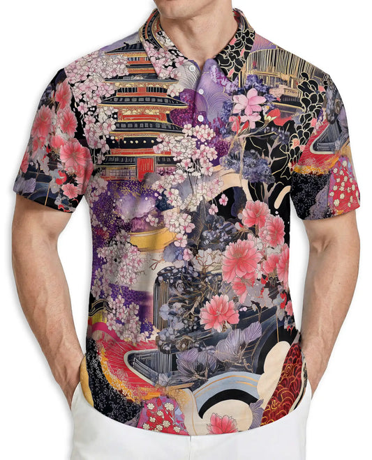 Japanese Sakura Pagoda 3D Polo Shirt for Men | Netecom