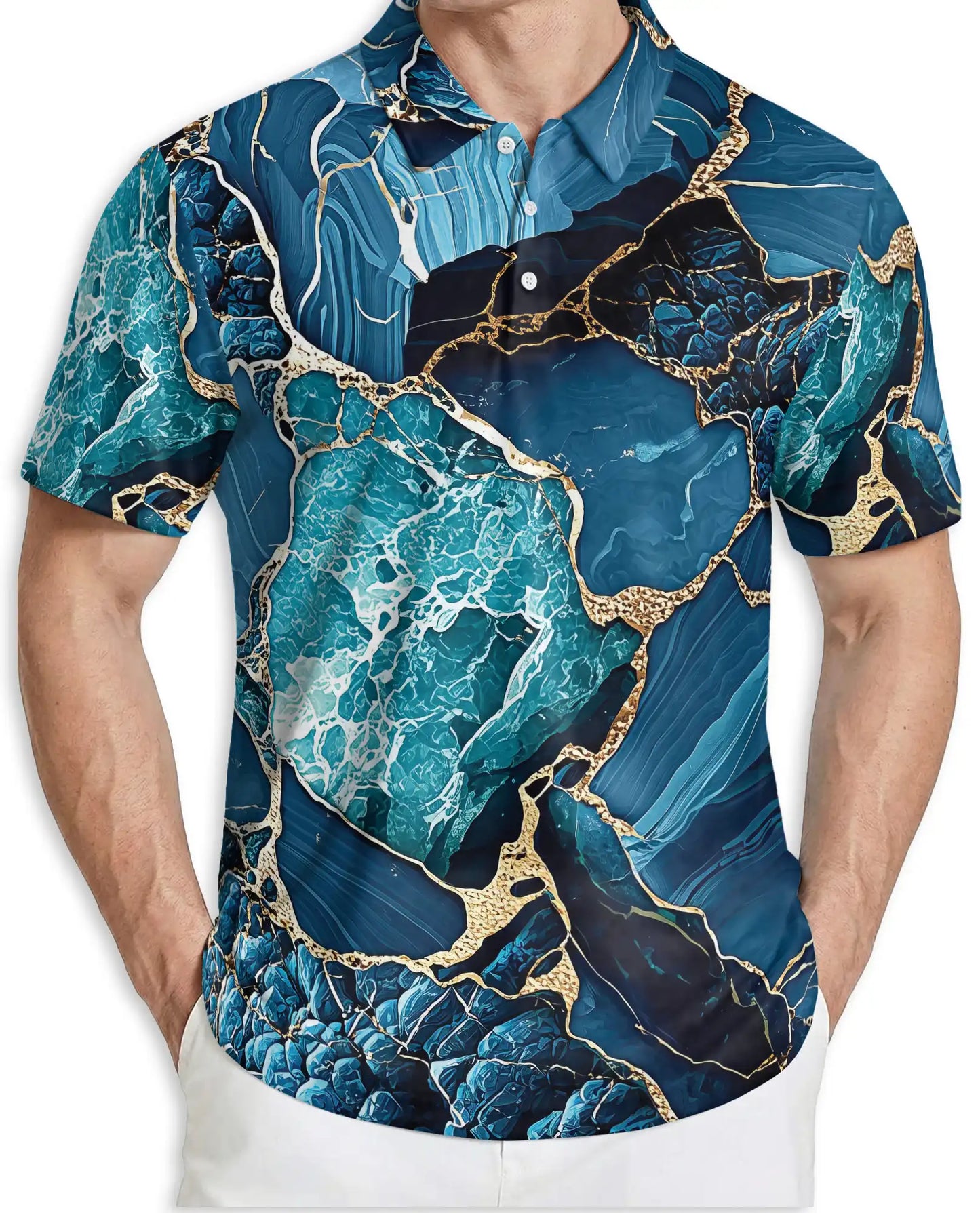Blue Ocean Marble Polo Shirt for Men-Luxury Abstract Art | Netecom