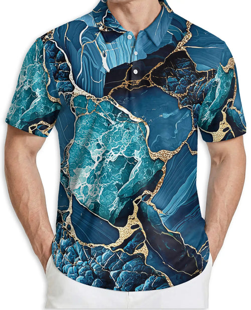 Blue Ocean Marble Polo Shirt for Men-Luxury Abstract Art | Netecom