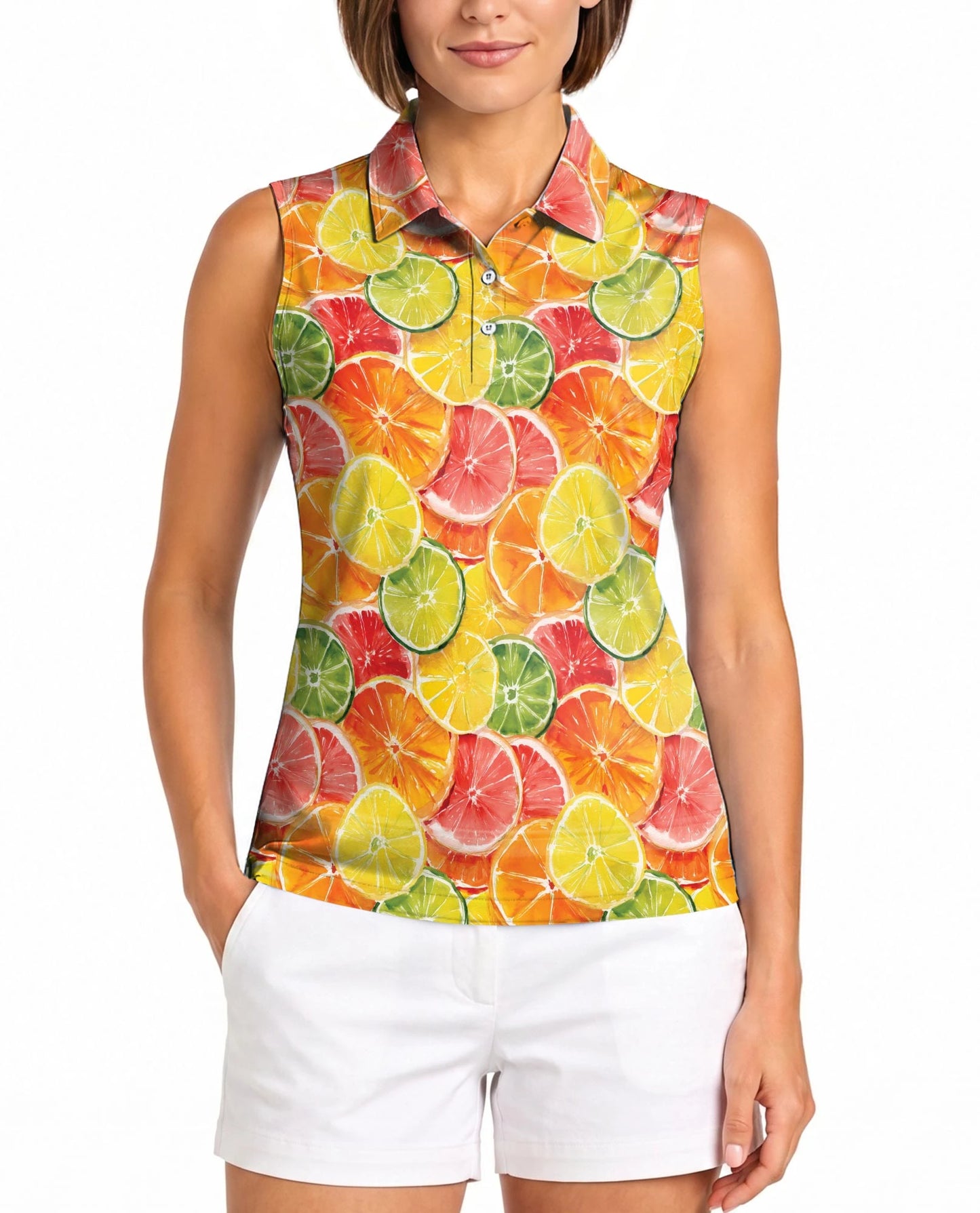 Citrus Fruits Pattern Sleeveless Polo Shirt for Women – Fresh Summer Style | Netecom