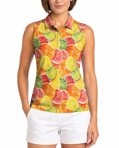 Citrus Fruits Pattern Sleeveless Polo Shirt for Women – Fresh Summer Style | Netecom
