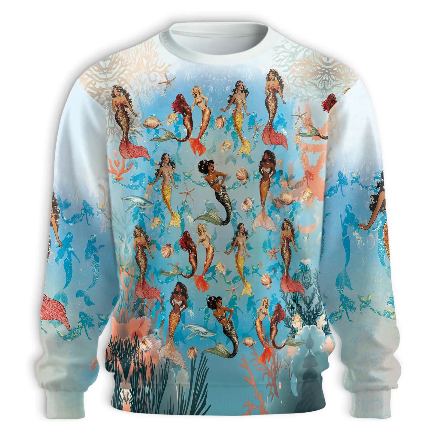 Mermaid Sea Horse Sweatshirt, 3D All Over Print Coral Reef Ocean Crewneck Pullover for Men Women, Mermaid Lover Gift - Netecom