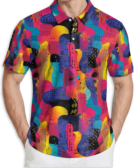 Colorful Abstract 3D Polo Shirt for Men – Retro Geometric Art Style | Netecom