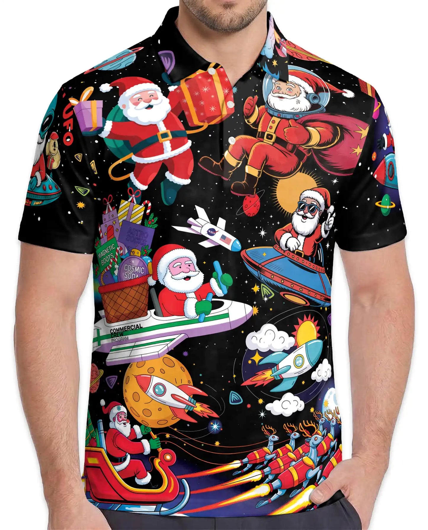 Space Santa Galaxy 3D Polo Shirt for Men – Funny Christmas Astronaut Style | Netecom