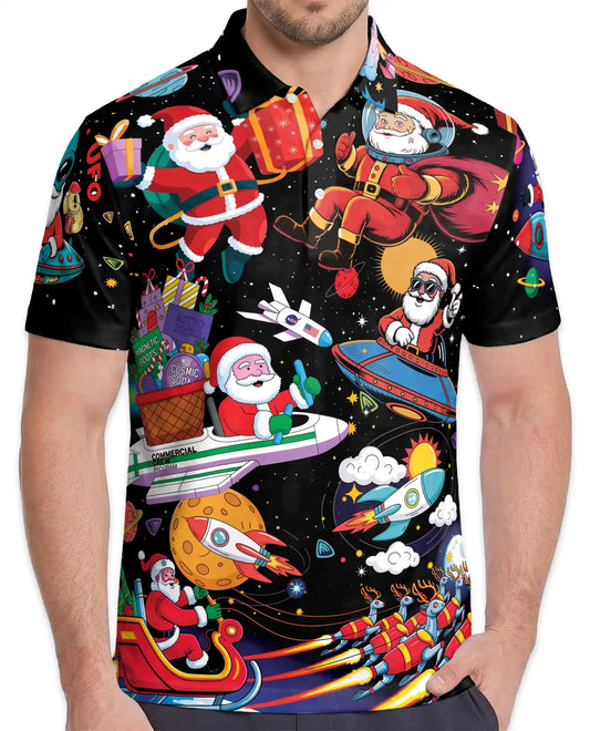 Space Santa Galaxy 3D Polo Shirt for Men – Funny Christmas Astronaut Style | Netecom