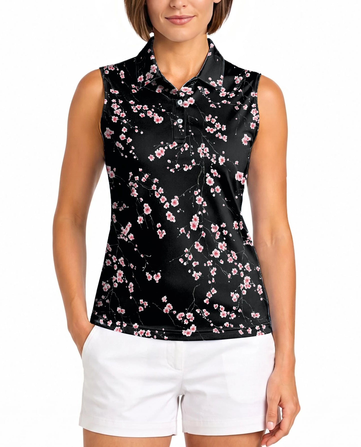 Japanese Sakura Cherry Blossom Sleeveless Polo Shirt for Women | Netecom