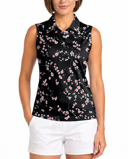 Japanese Sakura Cherry Blossom Sleeveless Polo Shirt for Women | Netecom
