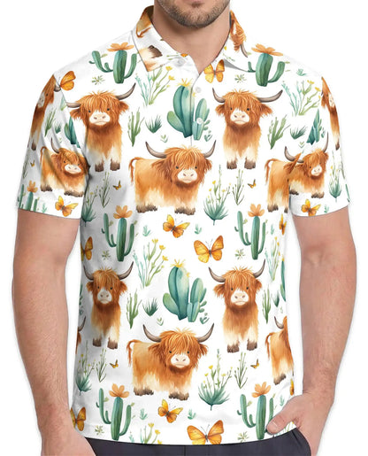 Highland Cow Polo Shirt - Cute Cactus Western Farm Style | Netecom