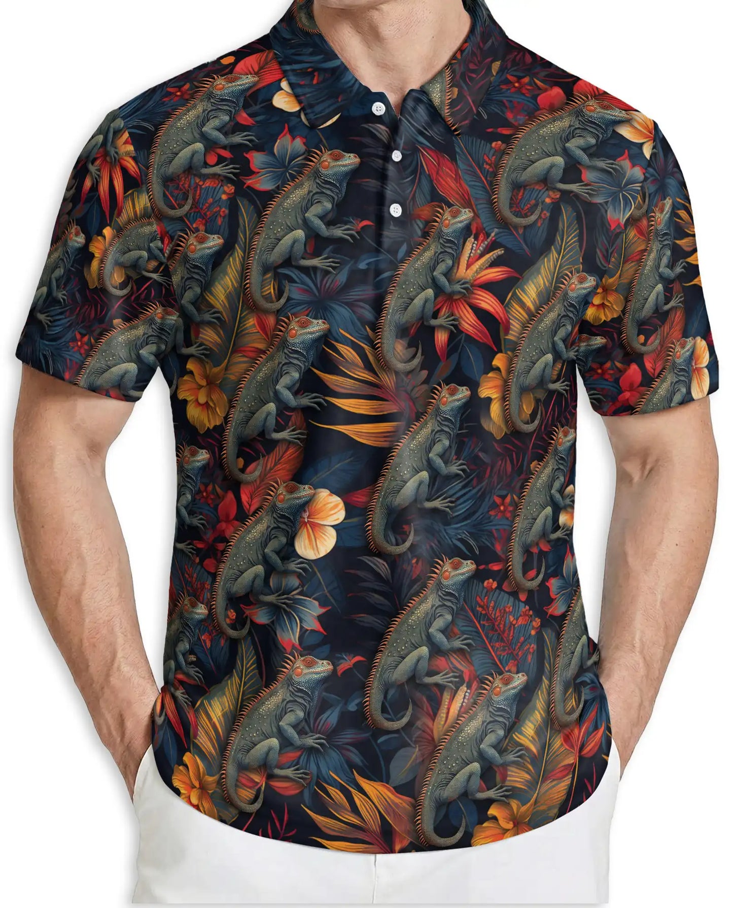 Iguana Tropical 3D Polo Shirt for Men – Reptile Jungle Floral Style | Netecom