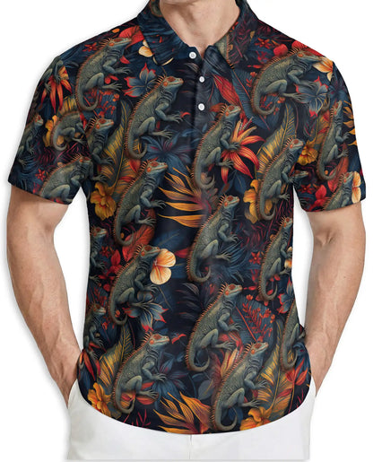 Iguana Tropical 3D Polo Shirt for Men – Reptile Jungle Floral Style | Netecom
