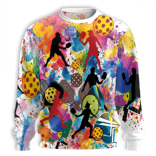 Pickleball Watercolor Splash Sweatshirt, 3D All Over Print Colorful Sports Crewneck Pullover for Men Women, Pickleball Lover Gift - Netecom