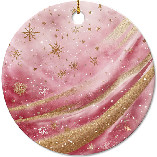 Netecom Marble Texture Pattern Pink Ornament, Ceramic Gold Glitter Snowflakes Keepsake Ornament for Xmas Tree Decorations, Gifts for Holiday, Party, Home Decor