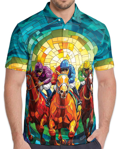 Stained Glass Racing Horse Polo Shirt for Men – Artistic Equestrian Style | Netecom