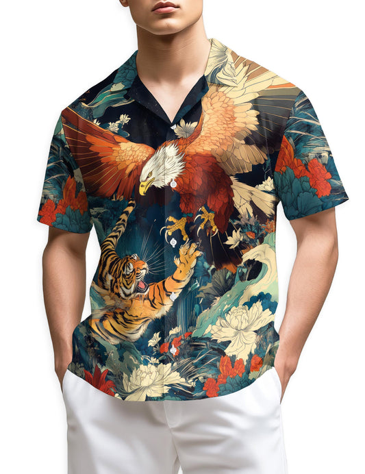 Netecom Eagle and Tiger Battle Hawaiian Shirt for Men Women, Wild Animal Button Down Summer Beach Short Sleeve Shirts