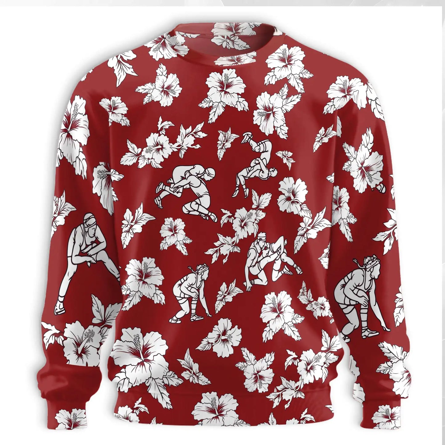 Wrestling Sweatshirt, 3D All Over Print Red Floral Wrestling Crewneck Pullover for Men Women, Wrestler Gift - Netecom