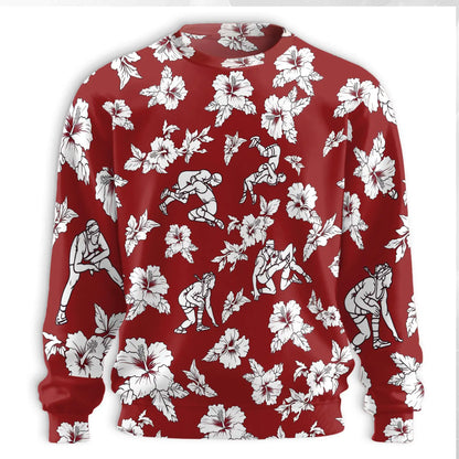 Wrestling Sweatshirt, 3D All Over Print Red Floral Wrestling Crewneck Pullover for Men Women, Wrestler Gift - Netecom