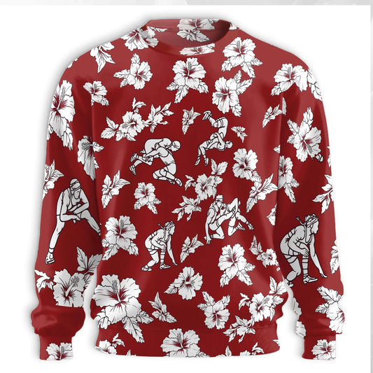 Wrestling Sweatshirt, 3D All Over Print Red Floral Wrestling Crewneck Pullover for Men Women, Wrestler Gift - Netecom