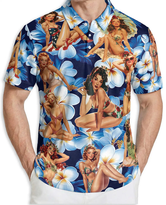 Pin Up Girl 3D Polo Shirt for Men – Vintage Floral Retro Style | Netecom