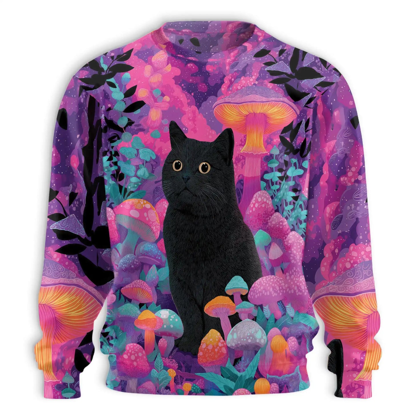 Psychedelic Black Cat Mushroom Sweatshirt, 3D All Over Print Fantasy Feline Crewneck Pullover for Men Women, Cat Lover Gift - Netecom