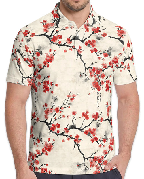 Red Cherry Blossom Branches Polo Shirt for Men – Japanese Sakura Style | Netecom