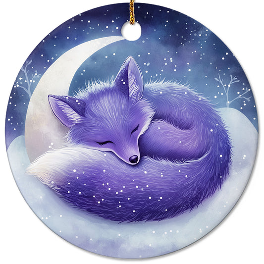 Netecom Cute Purple Fox Sleeping on Moon Christmas Ornaments, Ceramic Snow Scene Keepsake Ornament for Christmas Tree Decorations, Fox Lover Gift, Gifts for Holiday, Party, Home Decor