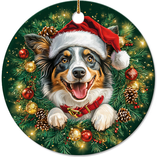 Netecom Cute Australian Shepherd Christmas Ornament, Dog Santa Hat Ceramic Ornament for Xmas Tree Hanging Decorations Gift, Puppy Lover Gifts, Home Decor, Holiday Party Present