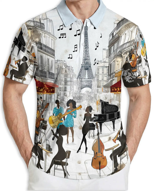 Paris Jazz Music 3D Polo Shirt for Men – Eiffel Tower Artistic Style | Netecom