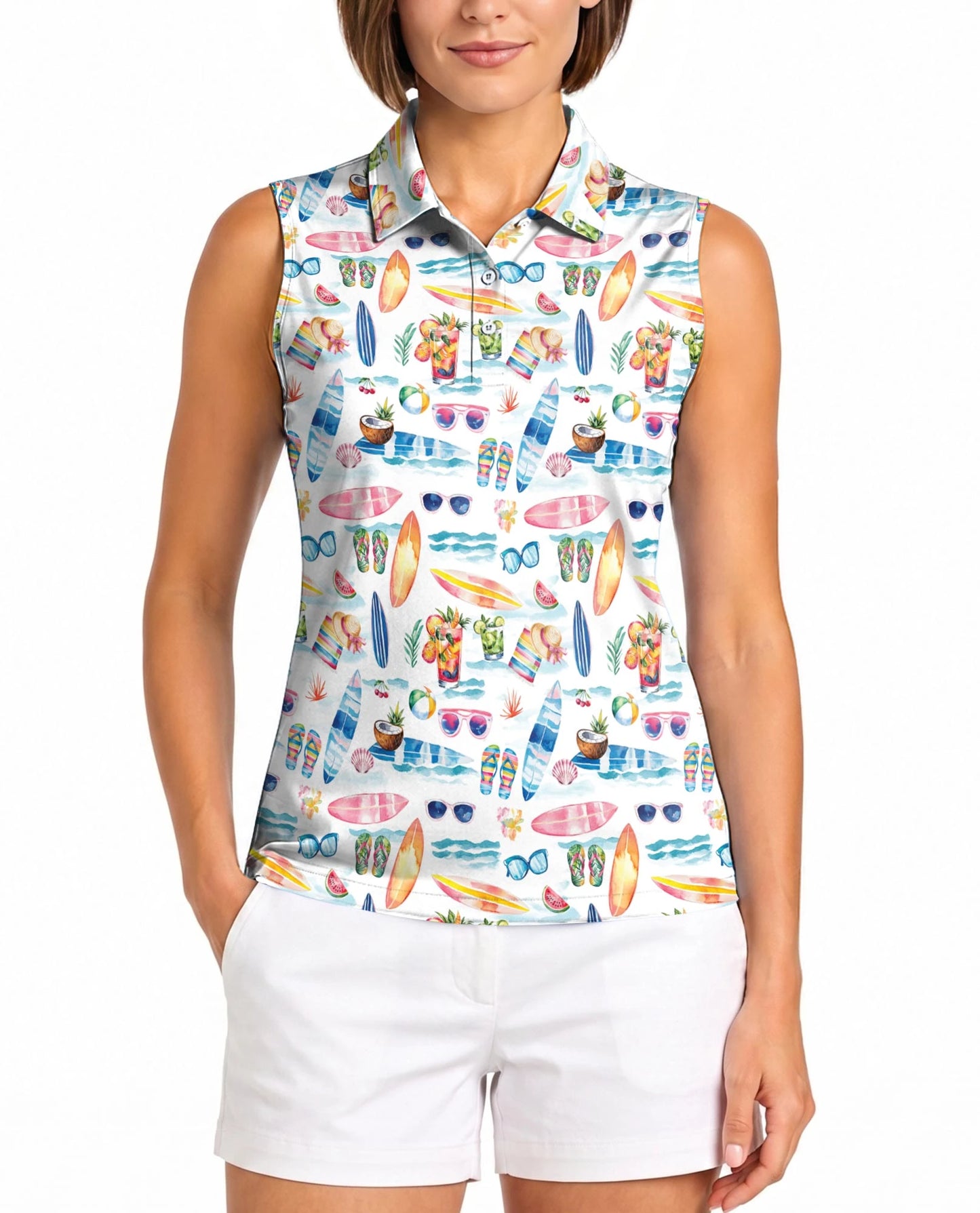 Colorful Tropical Surf Beach Sleeveless Polo Shirt for Women | Netecom